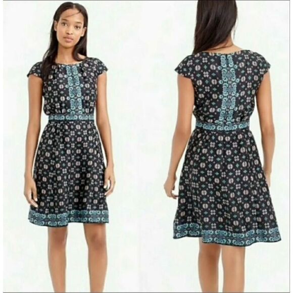 J. Crew J Crew Silk Cap Sleeve Dress in Mirrored Floral - Size 2 - Black Multi - Picture 1 of 9